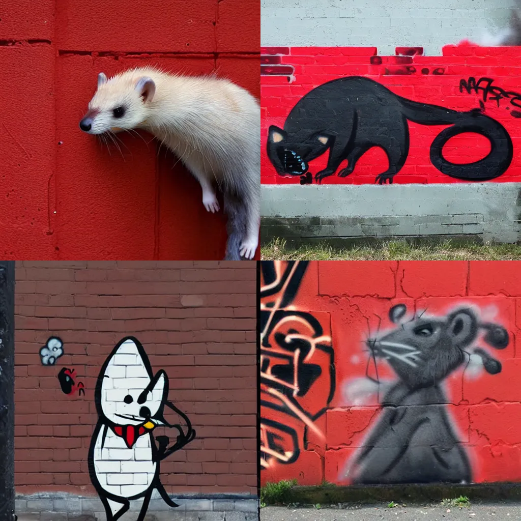 Prompt: ( ( ( red ) ( black ) ( furry fandom ) ( fursona ) ( weasel * ferret * stoat ) ) / ( smoke * backing ) ) = ( wall + graffiti )