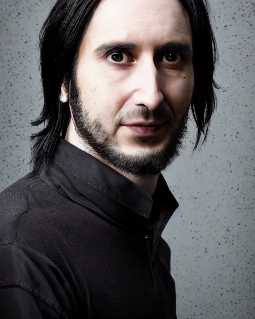 Image similar to photo portrait of a 3 2 - year - old man wearing black clothes, snape severus, with black, greasy, mid - length hair, hooked nose, dark brown eyes, yellow uneven teeth, by mario testinohyper realistic face, beautiful eyes, hyper detailed, smooth