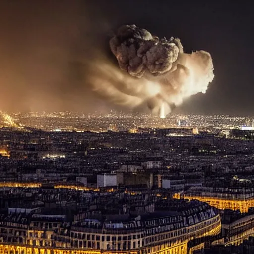 Prompt: picture of huge explosion in city of Paris at night, photojournalism very detailed photography