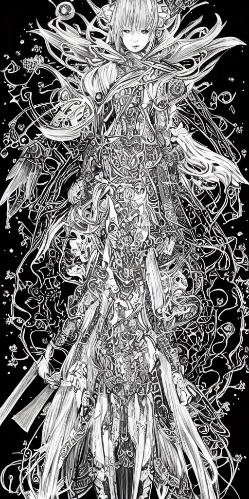 Image similar to a mage from final fantasy 14 drawn by Yoshitaka Amano, intricate, amazing line work, cosmic, psychedelic, cheerful, colorful