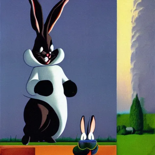 Prompt: Bugs Bunny as a dark souls boss by René Magritte