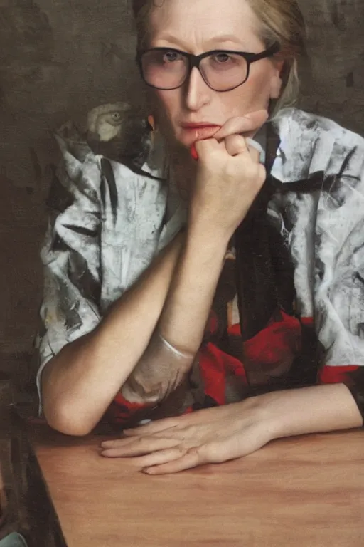 Prompt: overpainted photography portrait of young meryl streep smoking a cigarette at a table by cindy sherman and gerhard richter, dim light, minimalist, black and white