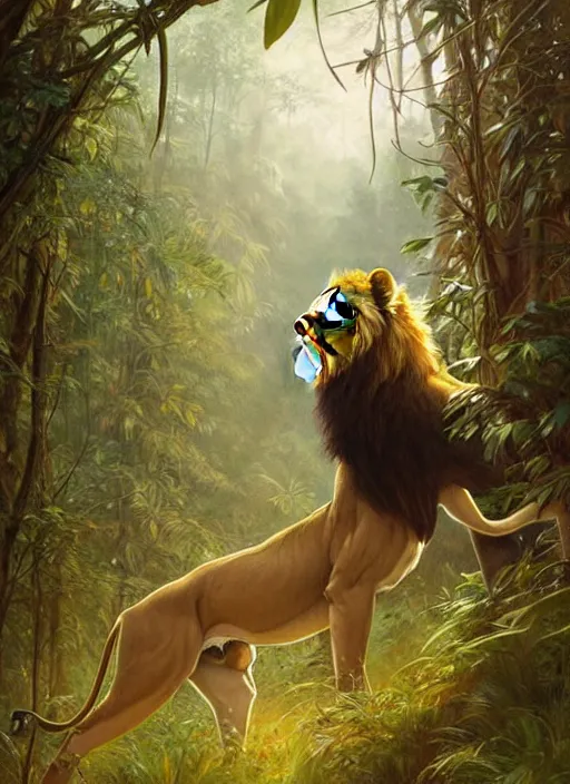 Image similar to illustration of a lion hunting a deer in the jungle, highly detailed, digital painting, artstation, concept art, smooth, sharp focus, illustration, art by artgerm and greg rutkowski and alphonse mucha