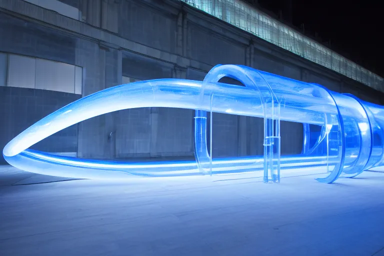 Prompt: transparent long clear dark blue plastic hyperloop pipe by zaha hadid glowing in the dark