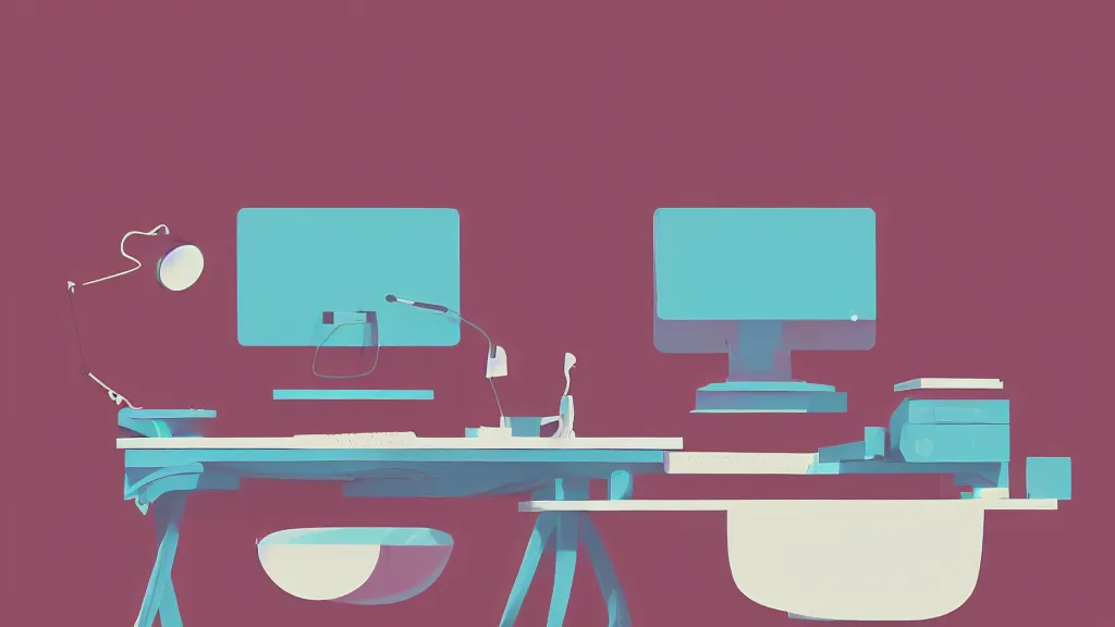 Prompt: stylized retro minimalist design of the desk of a famous web designer working with apple computer, loftis, cory behance hd, by moebius, makoto shinkai and lois van baarle, ilya kuvshinov, rossdraws global illumination