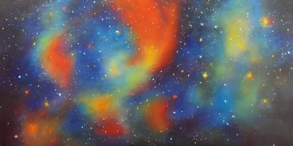 Prompt: painting with the title i felt restlessness lurking behind the stars. i felt restlessness engorging matter and my heart. intense emotional feeling, surrealistic, poetic, night colors