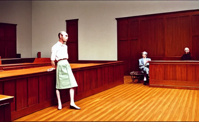 Prompt: a beautiful a man in a skirt in a courtroom, no blur, 4 k resolution, ultra detailed by william eggleston