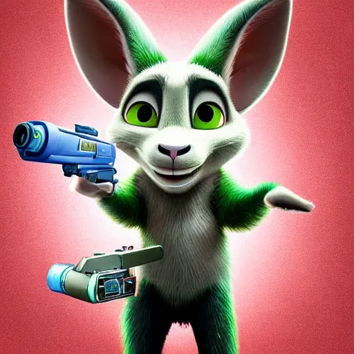 Prompt: “portrait of a smiling goat, zootopia movie style, pointing a laser gun at the camera, digital art, 4k, award winning”