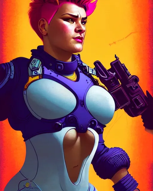 Image similar to zarya from overwatch, character portrait, portrait, close up, concept art, intricate details, highly detailed, vintage sci - fi poster, retro future, in the style of chris foss, rodger dean, moebius, michael whelan, and gustave dore