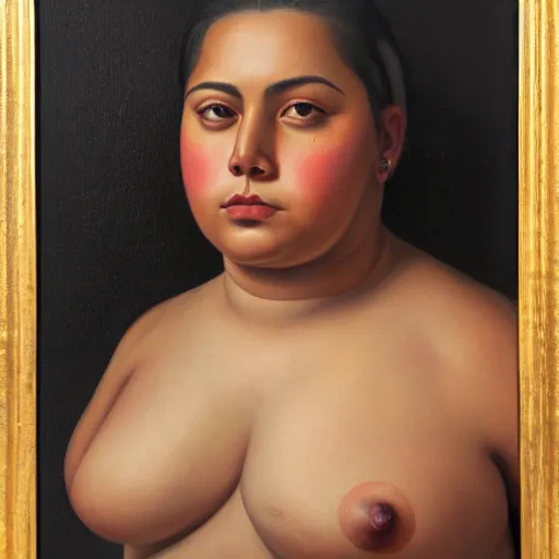 Prompt: A portrait of a strong and thick attractive non-binary person, saturated skin tone, Mexican, oil painting, majestic, detailed, high resolution