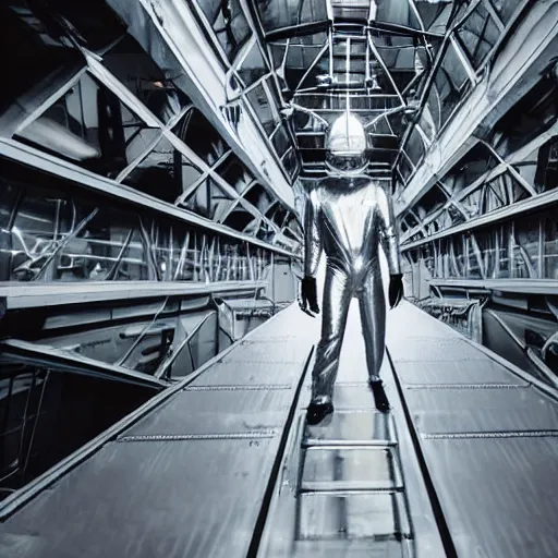 Image similar to mysterious man in silver space suit, walking on an industrial catwalk with stairs that lead nowhere, floating in deep space with a black background, photograph, wide angle