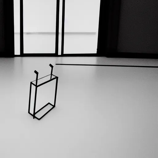 Image similar to a minimalistic filmstill of a readymade object in a museum, empty white room, in the style of Marcel Duchamp