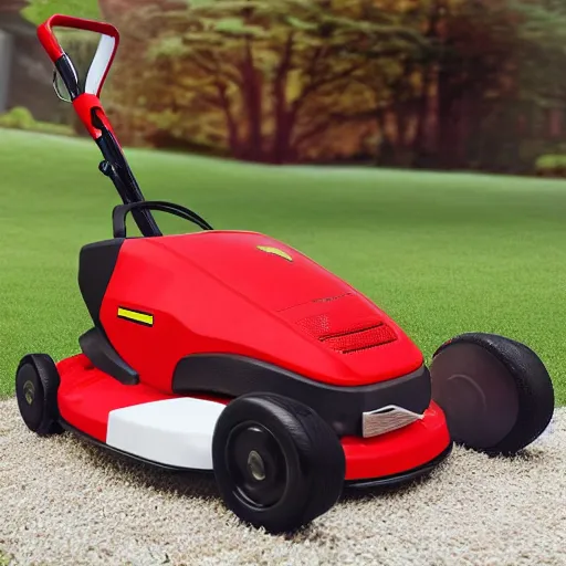 Prompt: Ferrari 20-Volt electric lawn mower. Lithium Ion cordless. Product picture from e-commerce site. Background removed. White background. Entire product visible in picture.