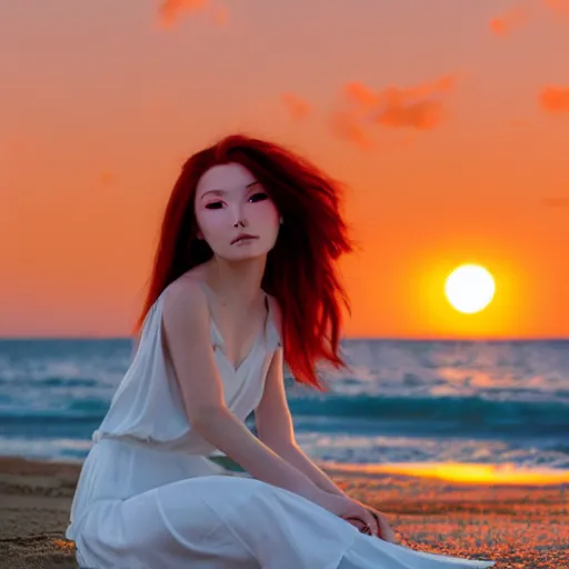 Image similar to An anime girl with long red hair in a white silky dress sitting in the sand on a beach at sunset