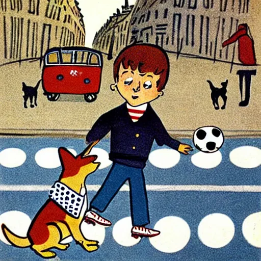 Image similar to book illustration of a french boy on the streets of paris playing football against a corgi, the dog is wearing a polka dot scarf, 1 9 6 6