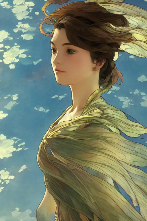 Image similar to a beautiful render of a beautiful female air sprite, wind, a beautiful face, perfectly shaded, atmospheric lighting, style of makoto shinkai, raphael lacoste, louis comfort tiffany, artgerm, karol bak, james jean, alphonse maria mucha