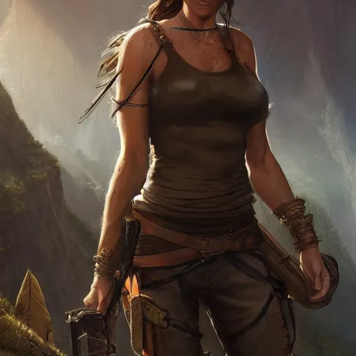 Image similar to lara croft in lord of the rings, hyper detailed character design, greg rutkowski, wlop, artgerm, masterwork, artstation trending, 8 k