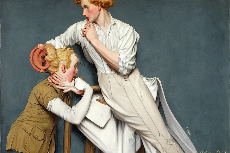 Image similar to Painting of lucius as a German tailor, long blond drill curls, delicate androgynous prince, pale milky white porcelain skin, by Leyendecker and Norman Rockwell