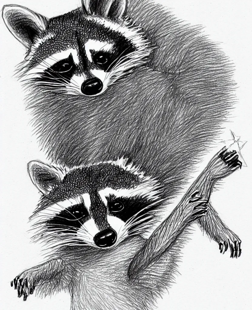 Image similar to detailed pencil sketch of a raccoon holding up and looking at a starfish, children's book