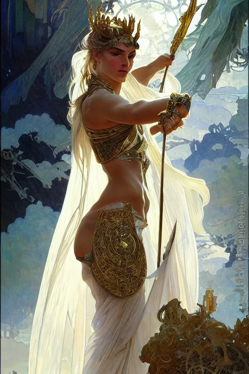 Prompt: painted portrait of artemis fully armored, greek god, feminine, powerful, beautiful, upper body, white robe, muscular, fantasy, intricate, elegant, highly detailed, digital painting, artstation, concept art, smooth, sharp focus, illustration, art by gaston bussiere and alphonse mucha