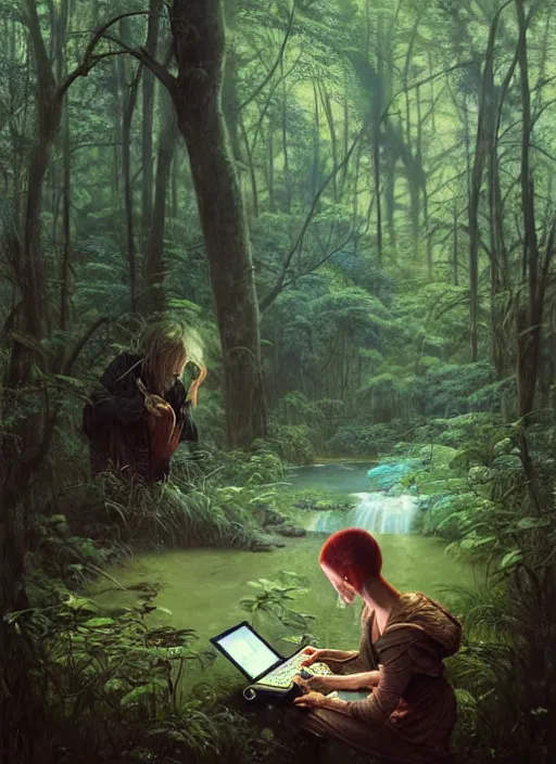 Prompt: computer in the woods by a stream, river gorgeous lighting, lush forest foliage blue sky a hyper realistic painting by chiara bautista and beksinski and norman rockwell and greg rutkowski, tom bagshaw weta studio, and lucasfilm