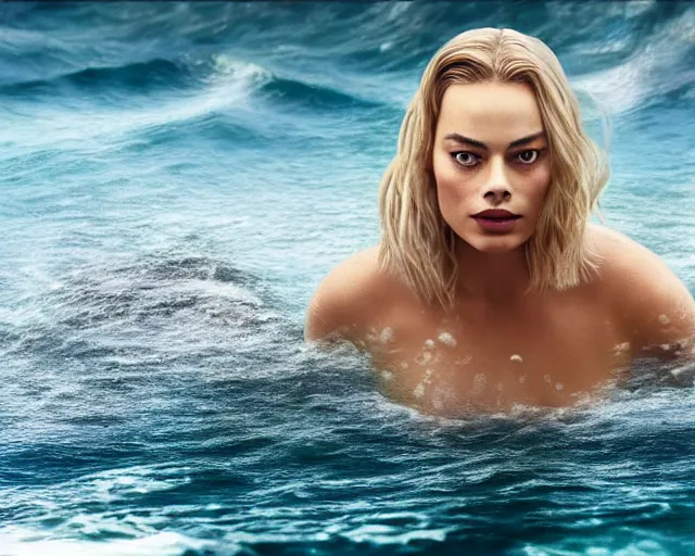 Prompt: Margot Robbie as a mermaid in the water, realistic face, sexy look, cinematic, 4k, hyper realistic, super detailed