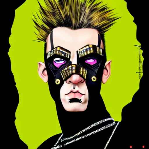 Image similar to an award finning and amazing portrait by akseli kallen gallela and john howe of a male cyberpunk punk rocker clothed in excessively fashionable 8 0 s haute couture fashion and wearing geometric face paint