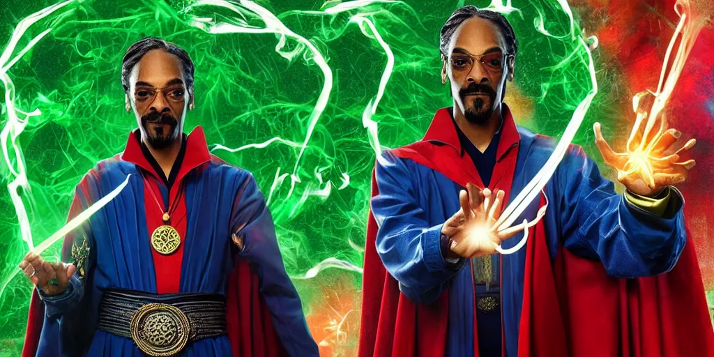 Image similar to snoop dogg as the doctor strange, marijuana leaves, green light, highly detailed, marvel cinematic universe, mcu, photo