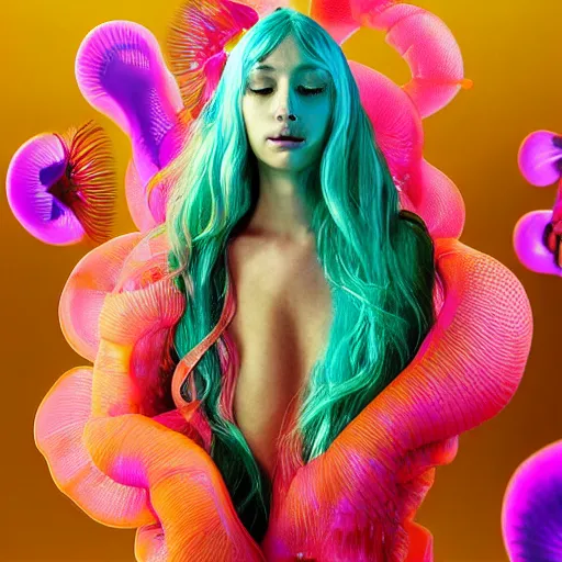 Prompt: flume and former cover art future bass girl un wrapped statue bust curls of hair petite lush fucked up mouth fake smiles front view body droplet vibrant branch futuristic fabric only skin jellyfish fungi material style of Jonathan Zawada, Thisset colours simple background objective