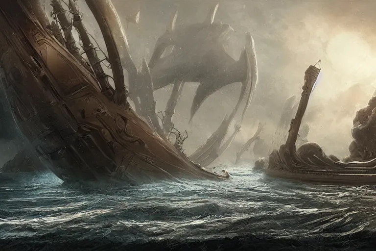 Image similar to Scylla and Charybdis menace a Trireme, Jason and the Argo by Jessica Rossier and HR Giger cinematic concept painting