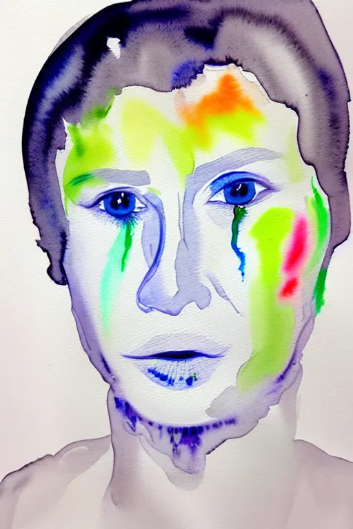 Prompt: watercolor in wet paper, a profile face portrait liquid white of a human white face that melt down flow go runny by marlene dumas, face painted with white thick fluid, detailed watercolor, light colors, grainy, contrast