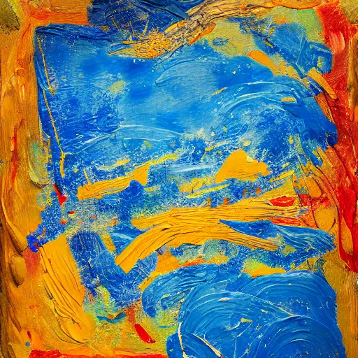 Prompt: oil paint impasto relief, italian blue mountain with fireworks, multi layered thick brush marks, some splattered paint, in the style of frank auerbach and monet and redon