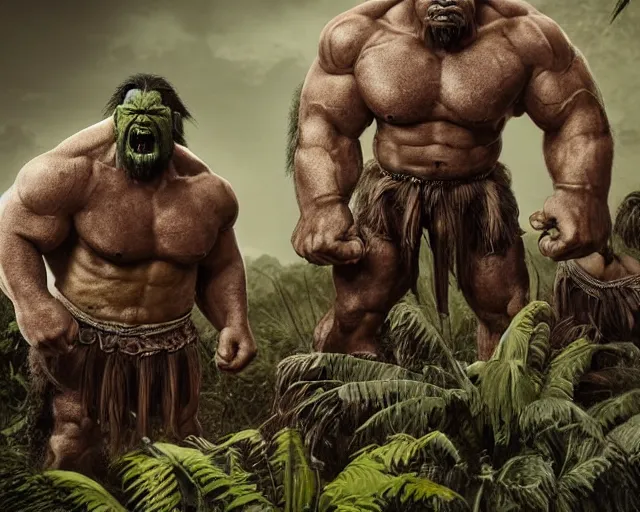 Image similar to hyper realistic group vintage photograph of a live action warcraft orc warrior tribe in the jungle, tall, hulk like physique, detailed faces, tribal paint, tribal armor, grain, old, monochrome, sepia toned, realistic lighting, wide angle