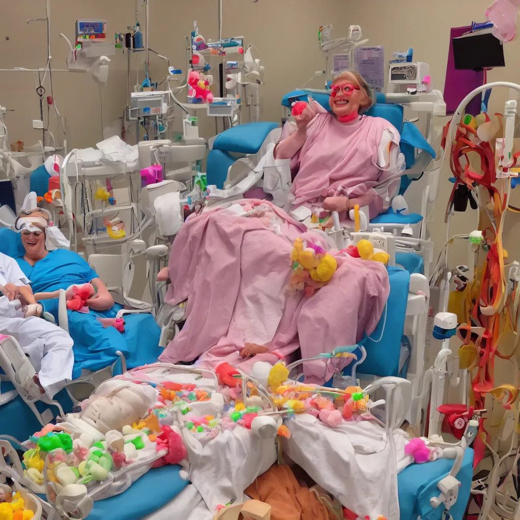 Image similar to photo of a happy patient and doctor or nurse in a hospital room made out of soft candy, candy hospital equipment, candy hospital room, candy treatments, oompa loompa virus, willy wonka pandemic