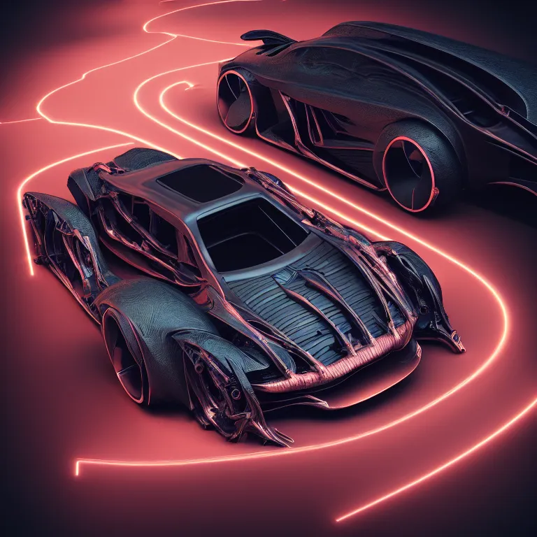 Prompt: biomechanical ribbed spinal dark supercar car, car concept art, baroque painting, beautiful detailed intricate insanely detailed octane render, 8K artistic photography, photorealistic, chiaroscuro, Raphael, Caravaggio, lit by colorful pastel neon lights