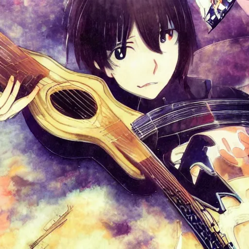 Image similar to anime key visual of yui hirasawa playing guitar, kyoani, pixiv