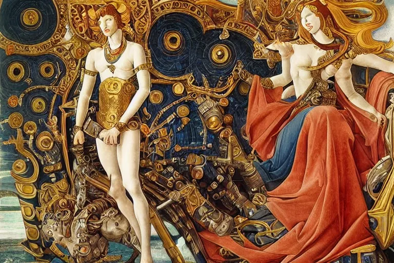 Image similar to beautifully painted mural of a cyborg king in his throne, ornate royal garments, sci fi royal throne room, piercing glowing eyes, intricate, highly detailed, incredible lighting, sci fi scenery, fantasy setting, vogue cover poses, masterful painting, mural in the style of sandro botticelli, caravaggio, albrecth durer