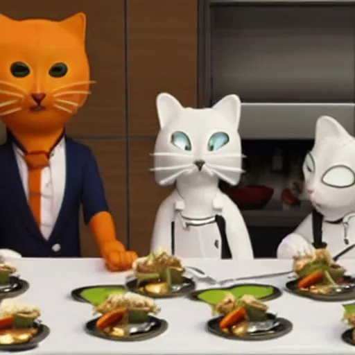 Image similar to anthropomorphic cats competing in masterchef