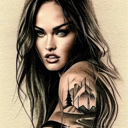 Image similar to realism tattoo sketch of double exposure megan fox, on beautiful mountain scenery faded background, in the style of andrey lukovnikov