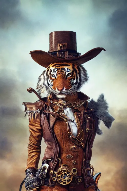 Prompt: anthropomorphic tiger as a steampunk cowgirl, intricate, elegant, highly detailed, digital painting, artstation, concept art, smooth, sharp focus, contemporary fashion shoot, by edward robert hughes, annie leibovitz and steve mccurry, david lazar, jimmy nelsson, hyperrealistic, octane render