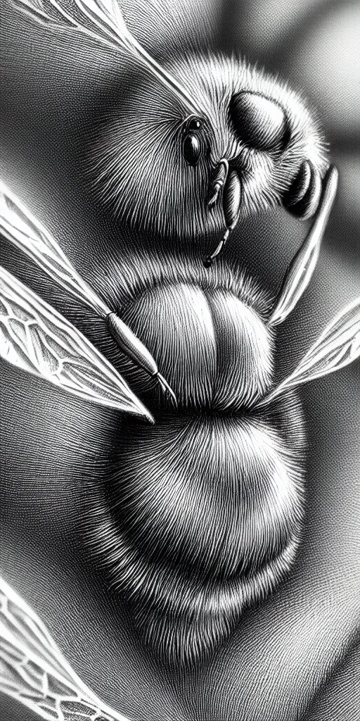 Image similar to hyper detailed ultra sharp of a beautiful bee. trending on artstation, golden, delicate, facing camera, hyper realism, 1 4 5 0, engraving, ultra realistic, 8 k