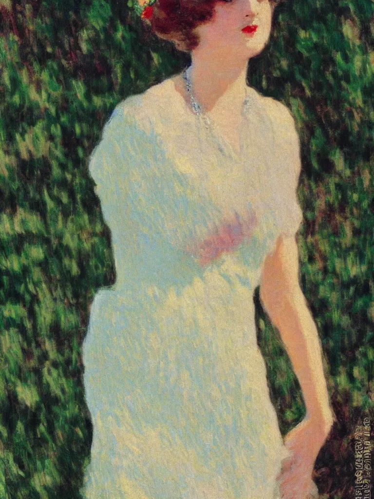 Prompt: portrait of < zelda fitzgerald > as a beautiful young lady wearing 1 9 2 0 s fashion, slim, fair, severe out of focus, depth of field, pleinairism, in the sun, backlit, closeup, oil on canvas, atr by monet, in the style of le promenade, smooth, impressionnisme, 8 k