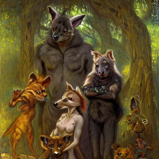 Image similar to a dark forest with a female hyena hyenawoman canine in robes. night zootopia fursona furaffinity furry art detailed face painting by gaston bussiere craig mullins jc leyendecker gustav klimt artgerm greg rutkowski furry