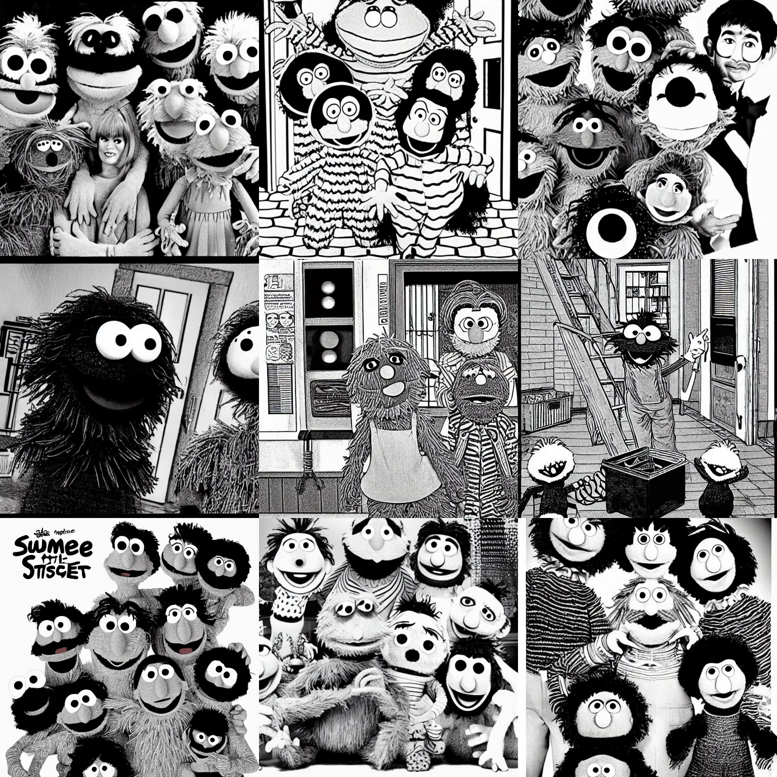 Prompt: Sesame Street episode animated by Junji Ito, black and white