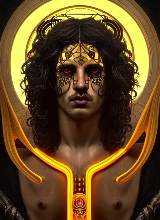 Image similar to portrait of greek god ares, black curly hair, glowing eyes, volumetric lights, yellow red scheme, art nouveau botanicals, gothic, intricate, highly detailed, digital painting, artstation, concept art, smooth, sharp focus, symmetric face, illustration, steampunk, art by artgerm and greg rutkowski and alphonse mucha