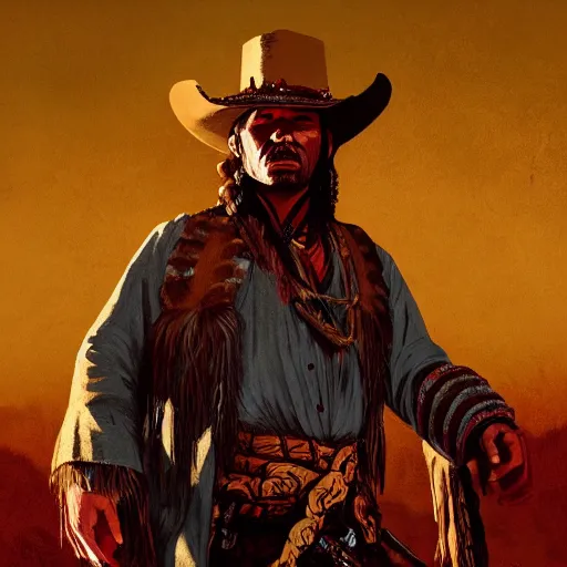 Prompt: portrait of a native american warrior of the old west, concept art, red dead redemption, django, fully coloured, golden hour, weird west, deadlands, dramatic lighting, digital art, 8 k, extremely detailed, drawn by ruan jia