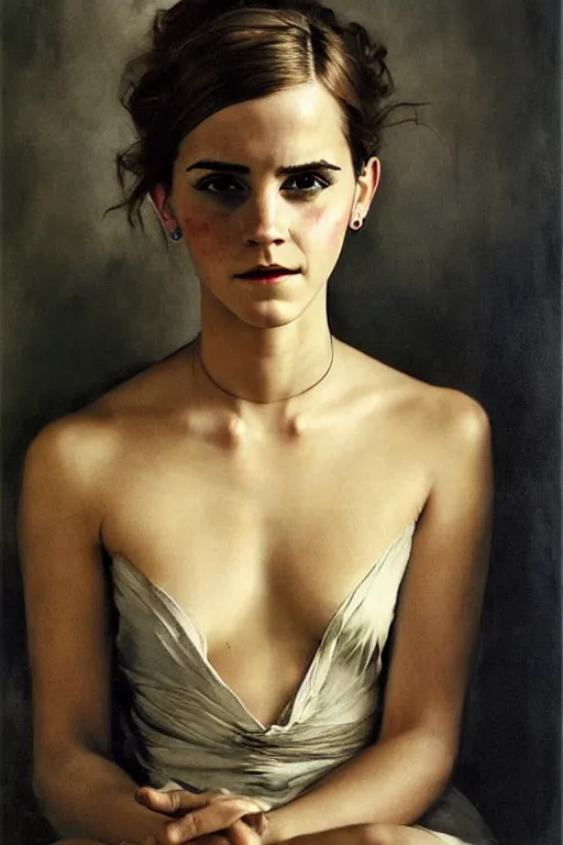 Image similar to emma watson frowning detailed portrait painting by gaston bussiere craig mullins j. c. leyendecker photograph by richard avedon peter lindbergh annie leibovitz