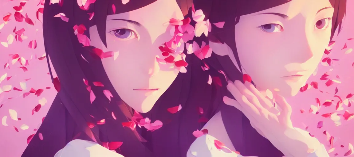 Image similar to bbeautiful detailed portrait of a woman with flower petals by makoto shinkai, beeple, and ilya kuvshinov, trending on artstation