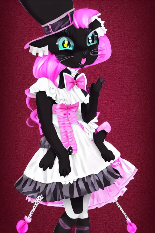 Image similar to Anime anthro cat with black fur, pink hair, and pink eyes in Gothic Lolita maid costume wearing small top hat in the style of Artstation