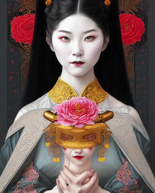 Image similar to portrait of a gothic girl, machine face, upper body, decorated with chinese opera motifs, traditional chinese art, intricate, elegant, highly detailed, digital painting, artstation, concept art, smooth, sharp focus, illustration, art by artgerm and greg rutkowski and alphonse mucha, 8 k